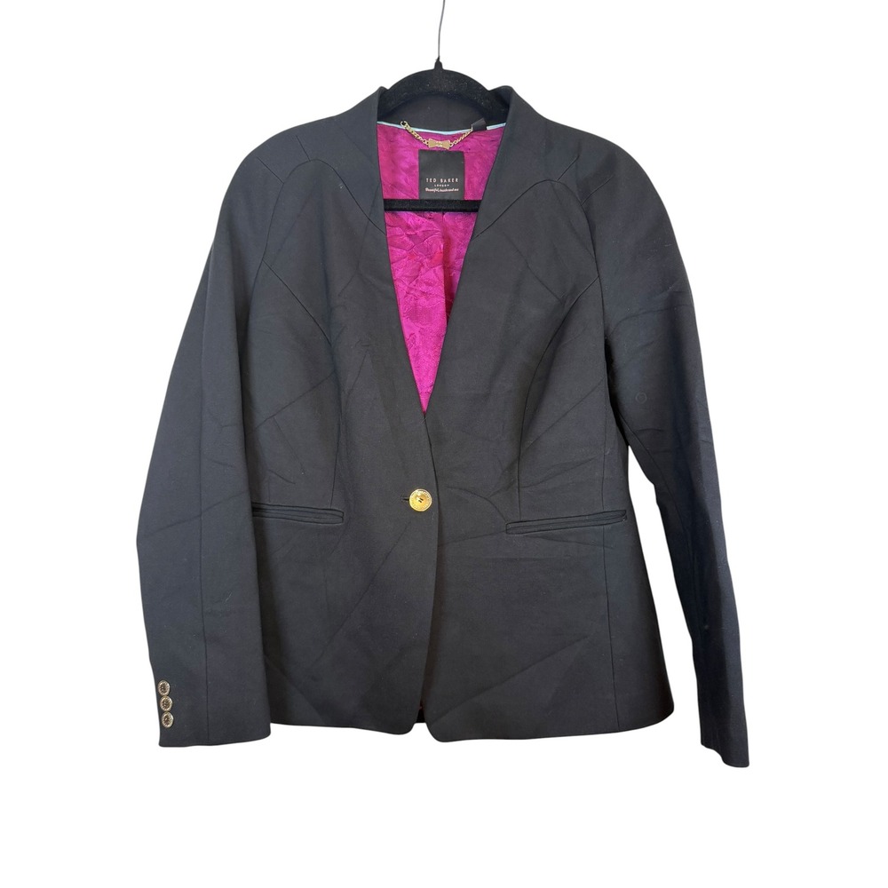 Ted Baker London Womens Black Blazer Pink Floral Lining Gold Button Size 5